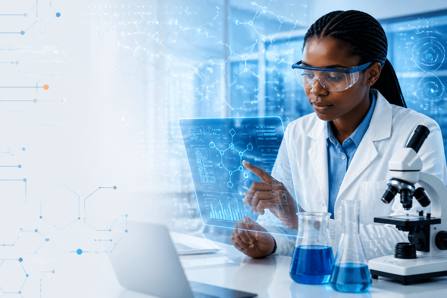Scientist using a virtual lab interface beside STEM equipment